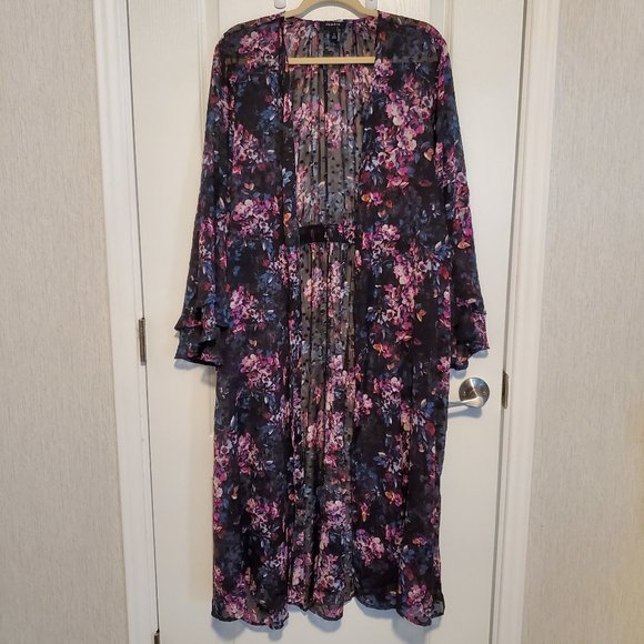 Worn Once--Black Floral Dotted Trench Duster Open-Tunic/Cardigan - Picture 8 of 15